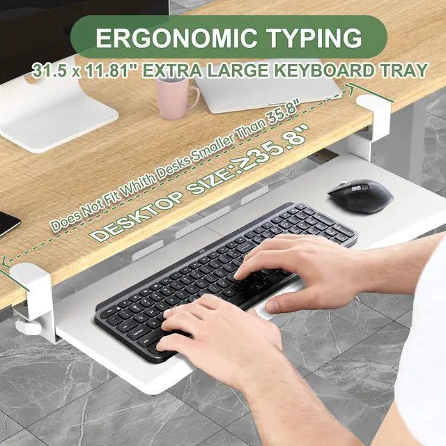 Alt view image 2 of 7 - Extra Large Keyboard Tray Under Desk - Slide Out with Sturdy C-Clip Mount System, 31.5" (35.8" Including Clamps) x 11.8" Put-Out Keyboard Tray Computer Drawer for Ergonomic Typing, White