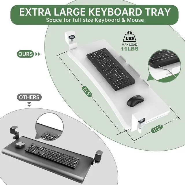 Alt view image 3 of 7 - Extra Large Keyboard Tray Under Desk - Slide Out with Sturdy C-Clip Mount System, 31.5" (35.8" Including Clamps) x 11.8" Put-Out Keyboard Tray Computer Drawer for Ergonomic Typing, White