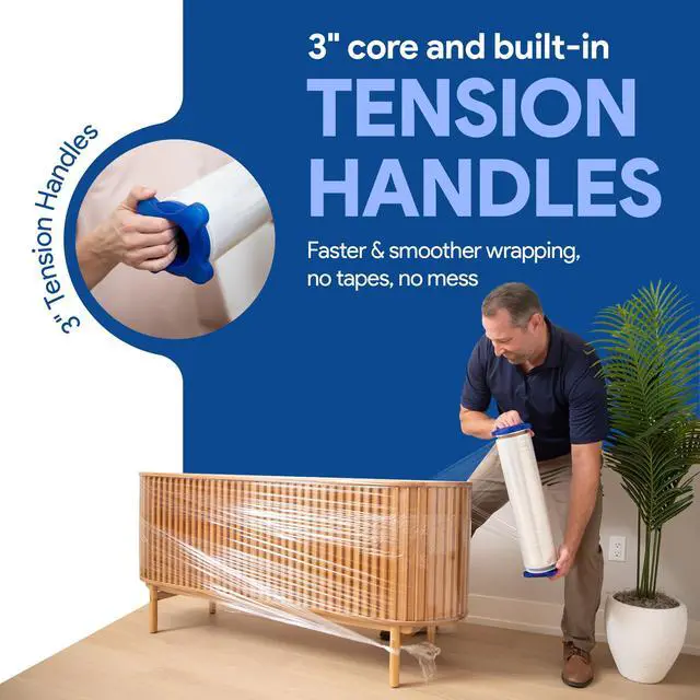 Alt view image 2 of 7 - 80 Gauge 17" Plastic Stretch Film/Wrap with Tension Handles 1200ft 500% Stretch Clear Durable Adhering Packing Moving Packaging Heavy Duty Shrink