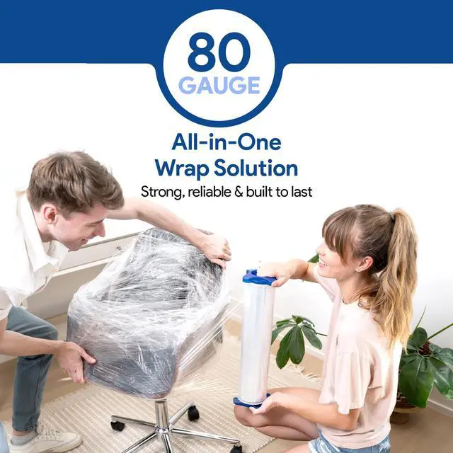 Alt view image 4 of 7 - 80 Gauge 17" Plastic Stretch Film/Wrap with Tension Handles 1200ft 500% Stretch Clear Durable Adhering Packing Moving Packaging Heavy Duty Shrink