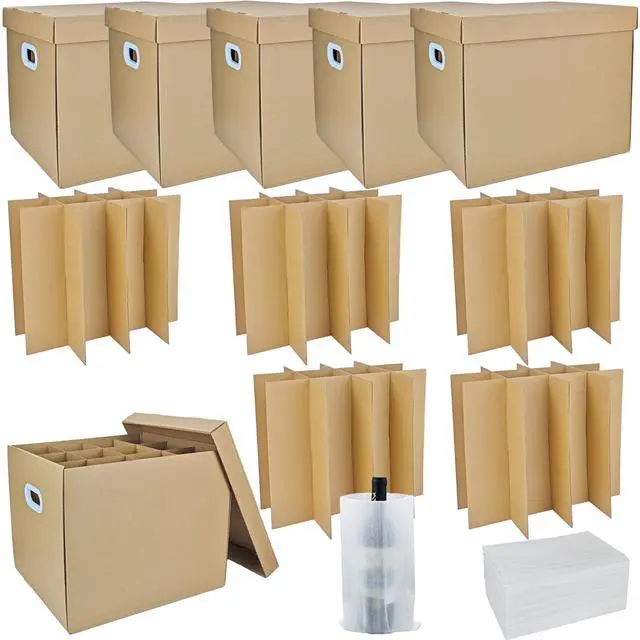 Main image of 5 Sets Moving Boxes with Divider Kits, 16 x 13 x 13 Inch Box with Lid for Glassware Wine Packing Kitchen Moving Box Corrugate Dividers with 60 Pcs Foam Pouches