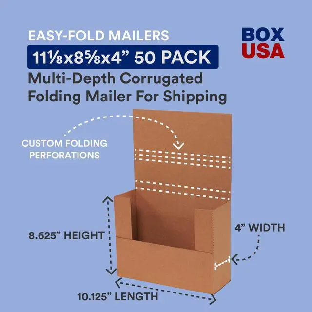 Alt view image 2 of 7 - Flat Mailer Shipping Boxes 11.125"L x 8.625"W x 4"H Medium 50-Pack | Corrugated Cardboard Box for Small or Large Business Packaging, Mailing, and Storage