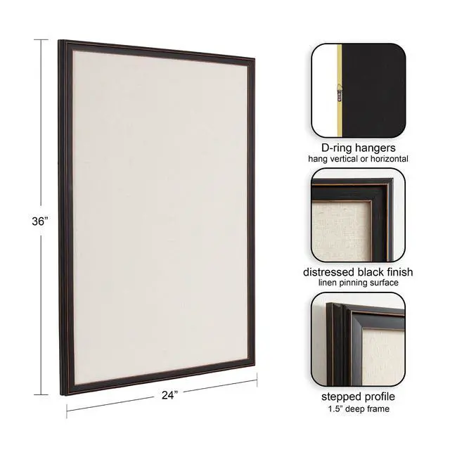 Alt view image 2 of 7 - Oakhurst Rectangle Framed Linen Fabric Pinboard; 24 x 36; Distressed Black; Traditional Decorative Bulletin Board with Stepped Profile and Lightly Distressed Finish