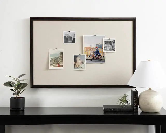 Alt view image 4 of 7 - Oakhurst Rectangle Framed Linen Fabric Pinboard; 24 x 36; Distressed Black; Traditional Decorative Bulletin Board with Stepped Profile and Lightly Distressed Finish