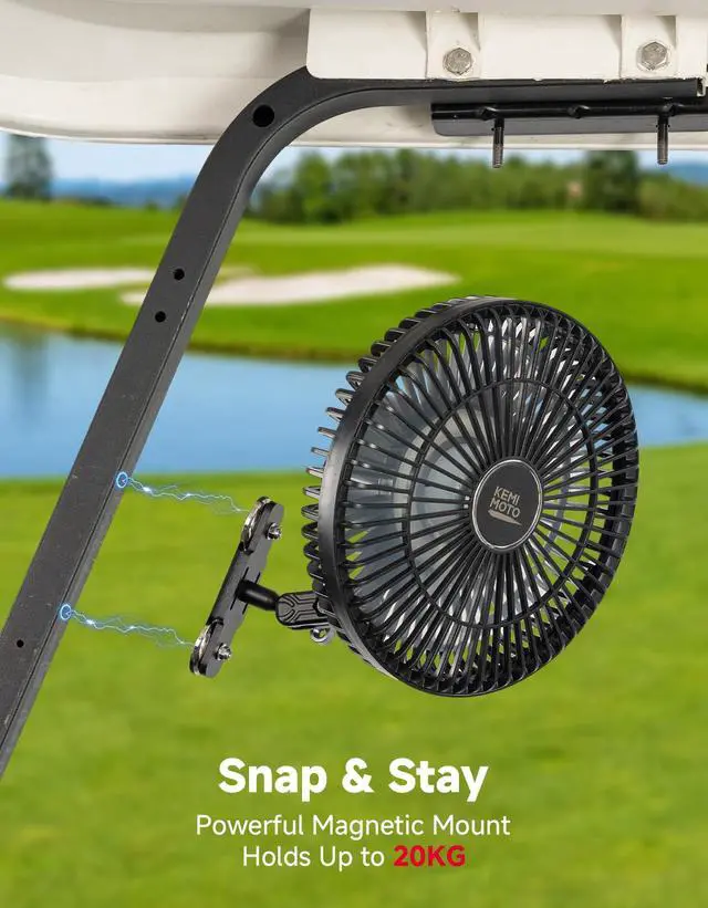 Alt view image 2 of 7 - 8-Inch Magnetic Golf Cart Fan with Reinforced Metal Ball Joint | 3 Light Modes & 6-Speed, Magnetic Fan for Golf Cart, Forklift, Compatible with EZGO RXV, Club Car, 2 Pack