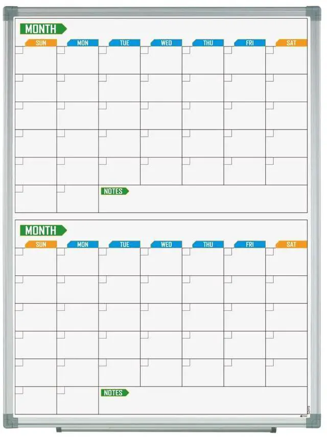 Main image of 2 Monthly Dry-Erase Calendar Whiteboard, 24" x 18", Wall-Mounted Aluminum-Framed Calendar Board