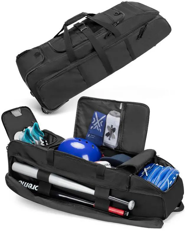 Main image of Rolling Baseball Bag with Wheels, Softball Catchers Bag for 4 Bats | Two Side Bat Pockets, Smooth and Sturdy Roller, Back Fence Hook, Multiple Pockets for All Baseball Gear