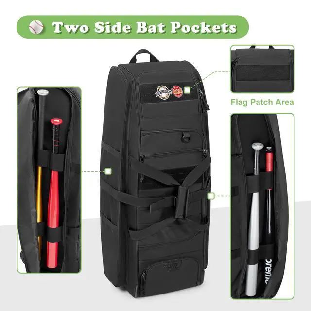 Alt view image 2 of 7 - Rolling Baseball Bag with Wheels, Softball Catchers Bag for 4 Bats | Two Side Bat Pockets, Smooth and Sturdy Roller, Back Fence Hook, Multiple Pockets for All Baseball Gear