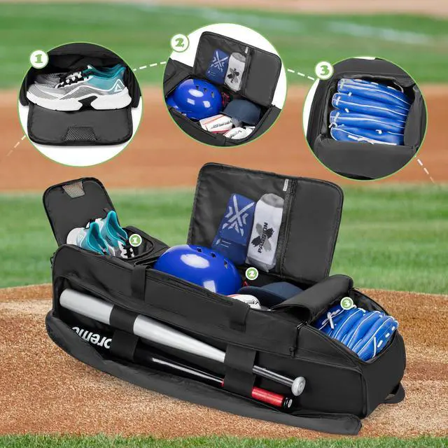 Alt view image 3 of 7 - Rolling Baseball Bag with Wheels, Softball Catchers Bag for 4 Bats | Two Side Bat Pockets, Smooth and Sturdy Roller, Back Fence Hook, Multiple Pockets for All Baseball Gear