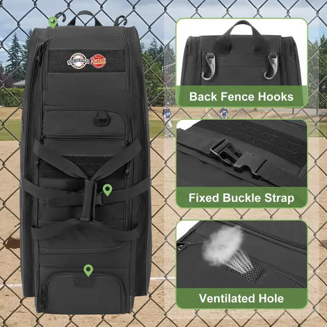 Alt view image 4 of 7 - Rolling Baseball Bag with Wheels, Softball Catchers Bag for 4 Bats | Two Side Bat Pockets, Smooth and Sturdy Roller, Back Fence Hook, Multiple Pockets for All Baseball Gear