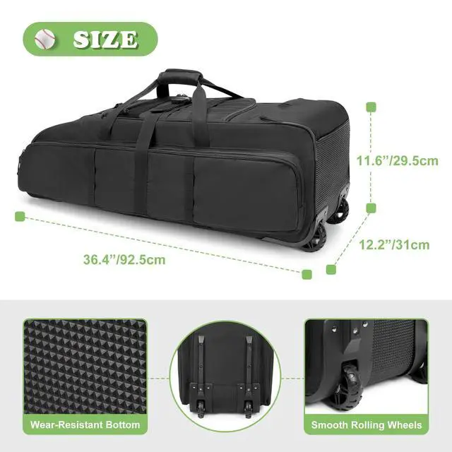Alt view image 6 of 7 - Rolling Baseball Bag with Wheels, Softball Catchers Bag for 4 Bats | Two Side Bat Pockets, Smooth and Sturdy Roller, Back Fence Hook, Multiple Pockets for All Baseball Gear