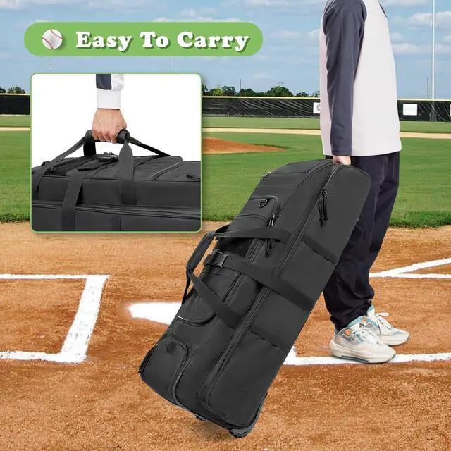 Alt view image 5 of 7 - Rolling Baseball Bag with Wheels, Softball Catchers Bag for 4 Bats | Two Side Bat Pockets, Smooth and Sturdy Roller, Back Fence Hook, Multiple Pockets for All Baseball Gear
