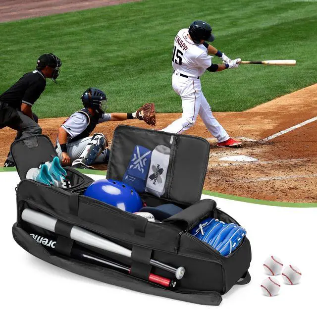 Alt view image 7 of 7 - Rolling Baseball Bag with Wheels, Softball Catchers Bag for 4 Bats | Two Side Bat Pockets, Smooth and Sturdy Roller, Back Fence Hook, Multiple Pockets for All Baseball Gear