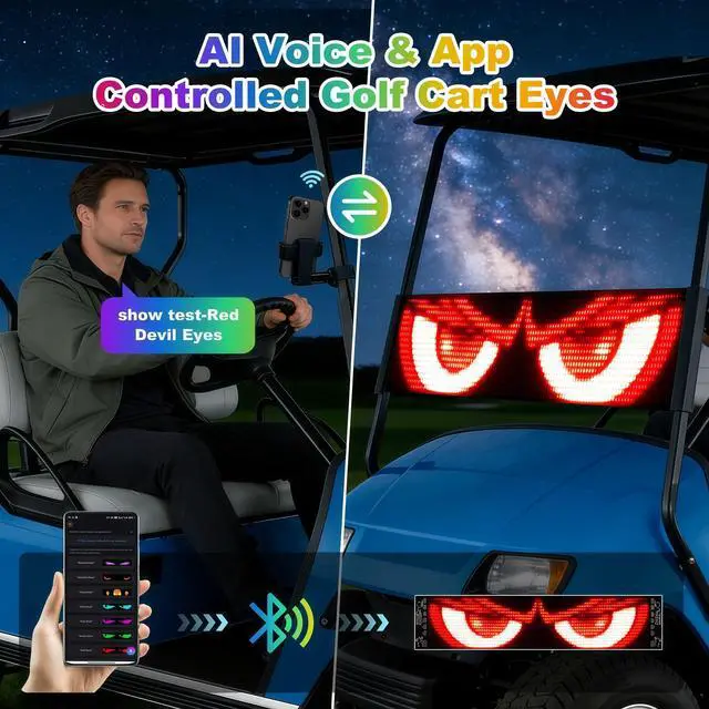 Alt view image 3 of 7 - AI Voice Controlled Golf Cart Devil Eyes Light, 23x5inch | LED Eyes for Golf Cart Windshield.16x96 flexible screen,scrolling text.IP67 waterproof,5-sec install. Fits trucks & UTVs