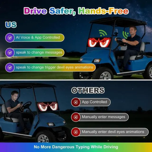 Alt view image 4 of 7 - AI Voice Controlled Golf Cart Devil Eyes Light, 23x5inch | LED Eyes for Golf Cart Windshield.16x96 flexible screen,scrolling text.IP67 waterproof,5-sec install. Fits trucks & UTVs