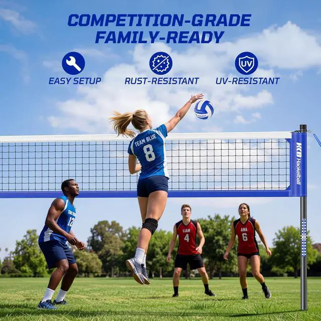 Alt view image 2 of 7 - Outdoor Volleyball Net Set for Backyard, 32FT Regulation, 3-Level Adjustable Height & Anti-Sag Tension System, Heavy Duty Thick Poles, Includes Volleyball, Pump, Boundary Line and Carry Bag