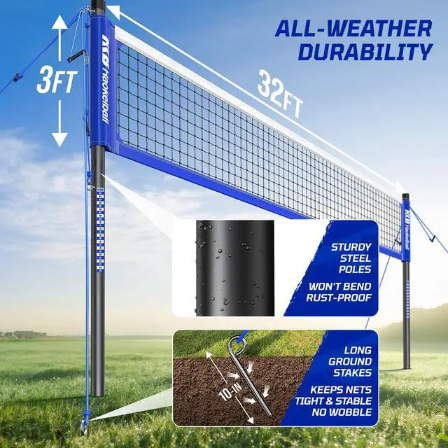 Alt view image 4 of 7 - Outdoor Volleyball Net Set for Backyard, 32FT Regulation, 3-Level Adjustable Height & Anti-Sag Tension System, Heavy Duty Thick Poles, Includes Volleyball, Pump, Boundary Line and Carry Bag