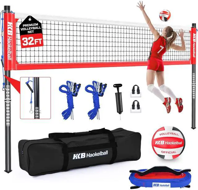Main image of Outdoor Volleyball Net Set for Backyard, 32FT Regulation, 3-Level Adjustable Height & Anti-Sag Tension System, Heavy Duty Thick Poles, Includes Volleyball, Pump, Boundary Line and Carry Bag