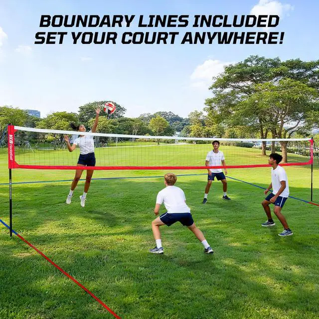 Alt view image 3 of 7 - Outdoor Volleyball Net Set for Backyard, 32FT Regulation, 3-Level Adjustable Height & Anti-Sag Tension System, Heavy Duty Thick Poles, Includes Volleyball, Pump, Boundary Line and Carry Bag