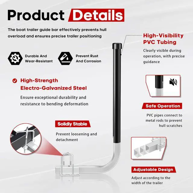 Alt view image 2 of 7 - 40"/48" Adjustable Boat Trailer Guide-ons, Rustproof Electro-Galvanized Steel Trailer Guides, Boat Trailer Guides Poles with Black PVC Pipes Fit for Ski Boat, Fishing Boat, Sailboat Trailer 2PCS