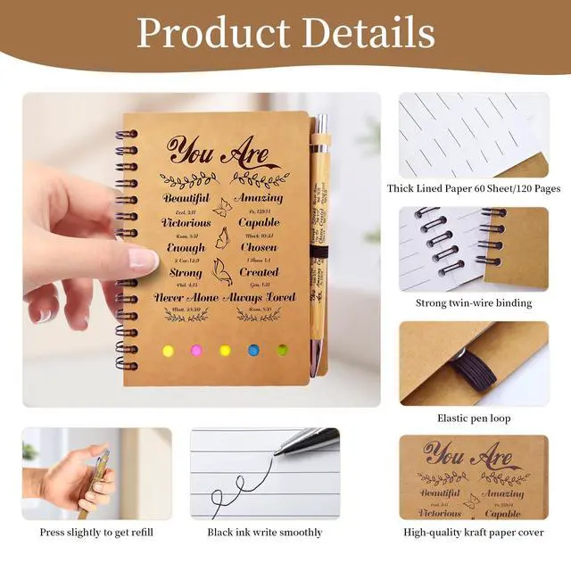 Alt view image 2 of 7 - 100 Pcs/50 Set Christian Gifts Prayer Journal Set, Bible Verse Pens & Small Spiral Notebook, Bulk Church Notes Notebook Supplies - Faith Based Gifts for Women, Christian Stuff