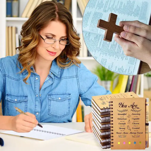 Alt view image 4 of 7 - 100 Pcs/50 Set Christian Gifts Prayer Journal Set, Bible Verse Pens & Small Spiral Notebook, Bulk Church Notes Notebook Supplies - Faith Based Gifts for Women, Christian Stuff