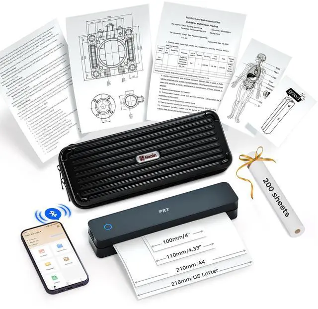 Main image of MT610 A4 Thermal Printer with Case & 200 Sheets, Bluetooth & USB | Portable & Compact, Inkless Printer for Travel, Remote Work, Truck Drivers, Phones & Laptops