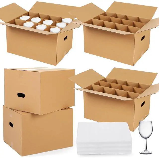 Main image of 5 Sets Glass Packing Kit for Glasses and Stemware Includes Kitchen Moving Boxes Cell Divider Unit Foam Pouches Glass Packing Boxes for Moving Glasses Wine Dish (20 x 15 x 12 Inch)