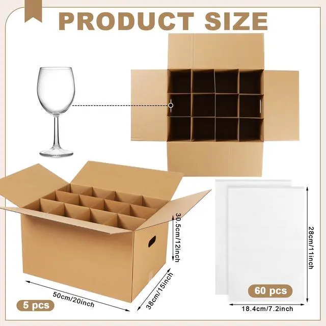 Alt view image 2 of 6 - 5 Sets Glass Packing Kit for Glasses and Stemware Includes Kitchen Moving Boxes Cell Divider Unit Foam Pouches Glass Packing Boxes for Moving Glasses Wine Dish (20 x 15 x 12 Inch)