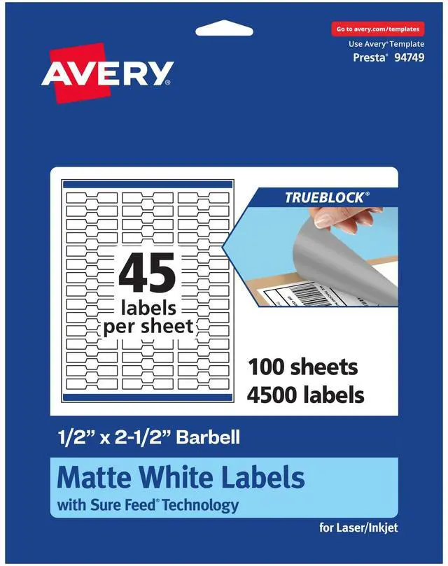 Main image of TrueBlock Matte White Barbell Labels, Sure Feed Technology, 0.5" x 2.5", 4,500 Matte White Labels, Laser/Inkjet Printable, Great for Jewelry and Product Merchandising