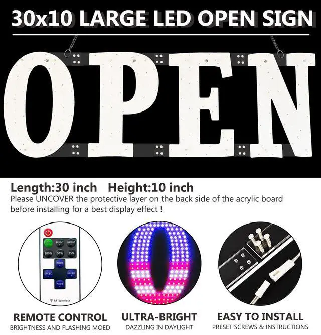 Alt view image 3 of 7 - Open Signs for Business,30x10 inch USA Flag Open Sign Led for Window Wall Door w/Remote Control Bar Cafe Salon Barber Resturant Retail Store