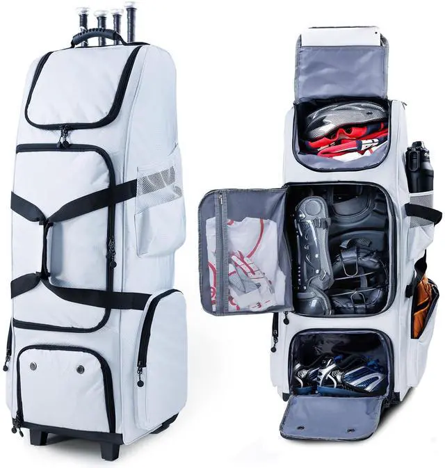 Main image of Upgraded Rolling Baseball Bag with Sturdy Hard Backing - Large Softball Bag with Wheels for 4 Bats, Large Team Equipment Duffle Bat Bag, Catcher Gear Bag for Boys 8-12, Youth, Adults