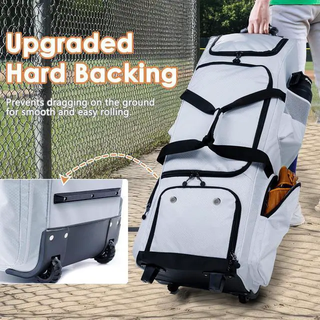 Alt view image 2 of 6 - Upgraded Rolling Baseball Bag with Sturdy Hard Backing - Large Softball Bag with Wheels for 4 Bats, Large Team Equipment Duffle Bat Bag, Catcher Gear Bag for Boys 8-12, Youth, Adults