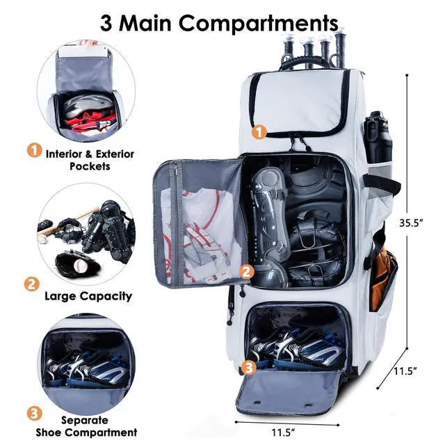 Alt view image 3 of 6 - Upgraded Rolling Baseball Bag with Sturdy Hard Backing - Large Softball Bag with Wheels for 4 Bats, Large Team Equipment Duffle Bat Bag, Catcher Gear Bag for Boys 8-12, Youth, Adults