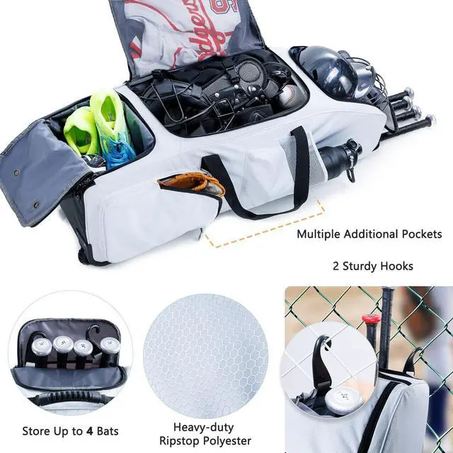 Alt view image 4 of 6 - Upgraded Rolling Baseball Bag with Sturdy Hard Backing - Large Softball Bag with Wheels for 4 Bats, Large Team Equipment Duffle Bat Bag, Catcher Gear Bag for Boys 8-12, Youth, Adults