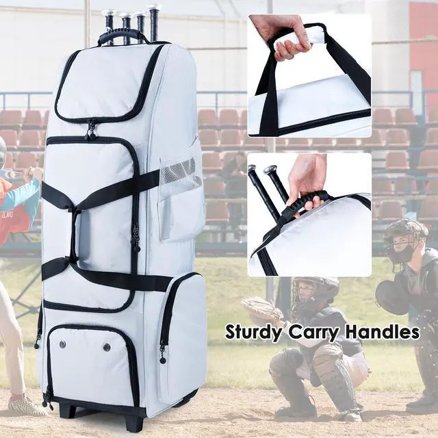 Alt view image 6 of 6 - Upgraded Rolling Baseball Bag with Sturdy Hard Backing - Large Softball Bag with Wheels for 4 Bats, Large Team Equipment Duffle Bat Bag, Catcher Gear Bag for Boys 8-12, Youth, Adults