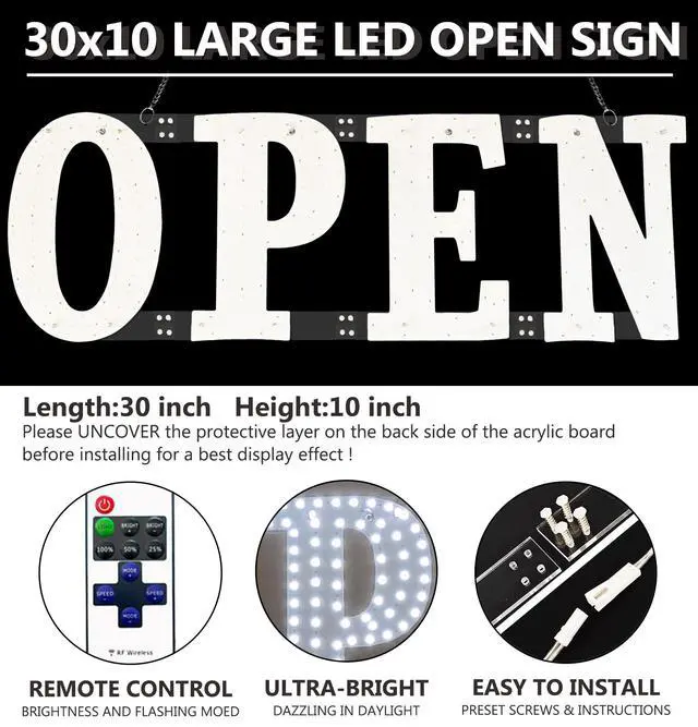 Alt view image 3 of 7 - Open Signs for Business,30x10 inch Ultra Bright Open Sign Led for Window Wall Door w/Remote Control Bar Cafe Salon Barber Resturant Retail Store