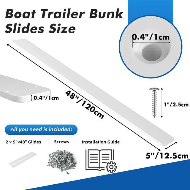 Alt view image 2 of 7 - Boat Trailer Bunk Slides, 3"x48", 5"x48", 5"x57", Heavy Duty PE Glide Pads for Full Support, Kits of 2 or 4, Black, White, Pre-Drilled Holes and Screws, for Easy Launch and Load, Fits Various Boats