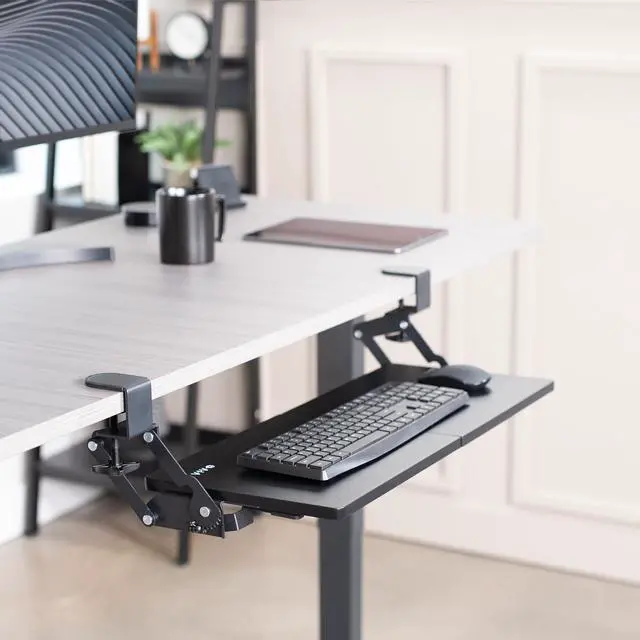 Alt view image 2 of 7 - Large Clamp-on 27 (33 Including Clamps) x 11 inch Computer Keyboard and Mouse Tray with 12 Setting Swinging Height Adjustment, Platform Drawer for Typing, Black, MOUNT-KB08V