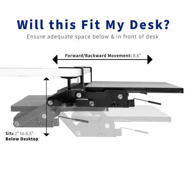 Alt view image 3 of 7 - Large Clamp-on 27 (33 Including Clamps) x 11 inch Computer Keyboard and Mouse Tray with 12 Setting Swinging Height Adjustment, Platform Drawer for Typing, Black, MOUNT-KB08V
