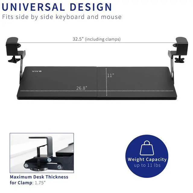 Alt view image 6 of 7 - Large Clamp-on 27 (33 Including Clamps) x 11 inch Computer Keyboard and Mouse Tray with 12 Setting Swinging Height Adjustment, Platform Drawer for Typing, Black, MOUNT-KB08V