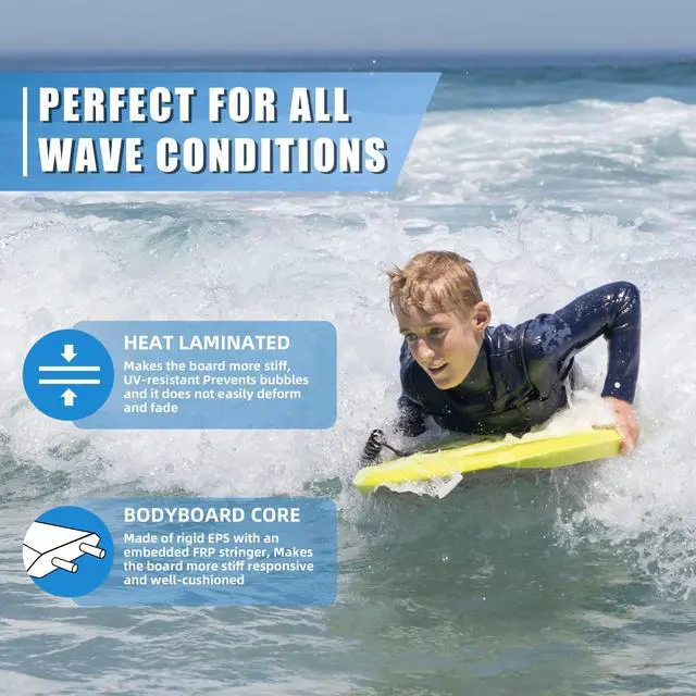 Alt view image 5 of 6 - Body Boards for Beach 37 inch Lightweight Durable Body Board with EPS Core Dual Channel Double Swivel Coiled Wrist Leash Ideal Bodyboards for Kids Teens & Adults