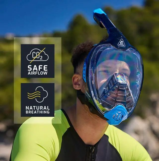 Alt view image 4 of 7 - Adult Snorkeling Full Face Mask - Wide Clear View, Anti-Fog System - Easy Breathing: Safety First - Bali: Designed in Italy