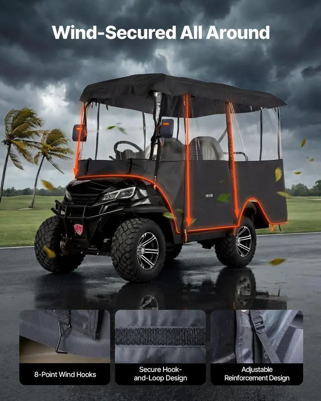 Alt view image 5 of 7 - Golf Cart Cover, Visible Full-Enclosure 2/2+2/4 Passenger Golf Cart, 600D Waterproof Oxford Fabric CoverFits Most Carts Club Car, Yamaha, EZGO, Honda, PVC Coating & Windproof Hook Design