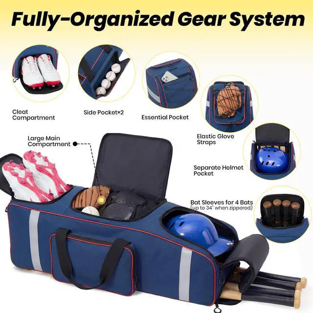 Alt view image 2 of 7 - 81L Rolling Baseball Bag with Wheels, Softball Catchers Gear Bags for 4 Bats (Fits Up To 34"), Separate Shoe Compartment, Safety Reflective Strip, Fence Hook, Foldable T-Bag for Youth & Adult
