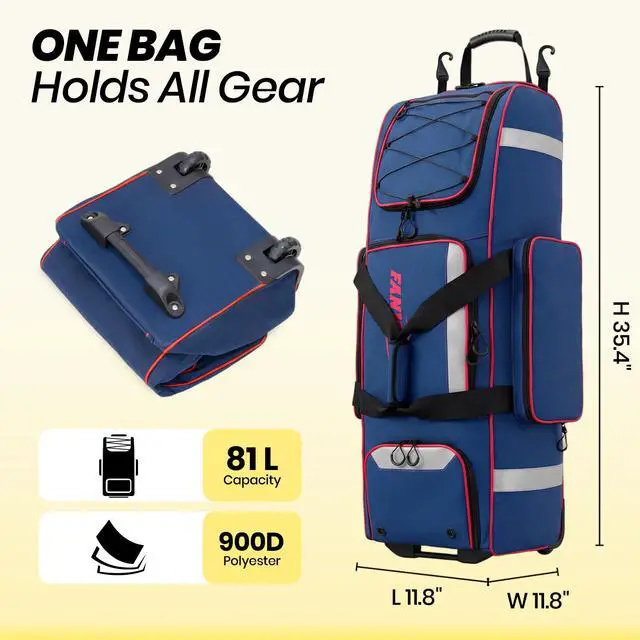 Alt view image 3 of 7 - 81L Rolling Baseball Bag with Wheels, Softball Catchers Gear Bags for 4 Bats (Fits Up To 34"), Separate Shoe Compartment, Safety Reflective Strip, Fence Hook, Foldable T-Bag for Youth & Adult