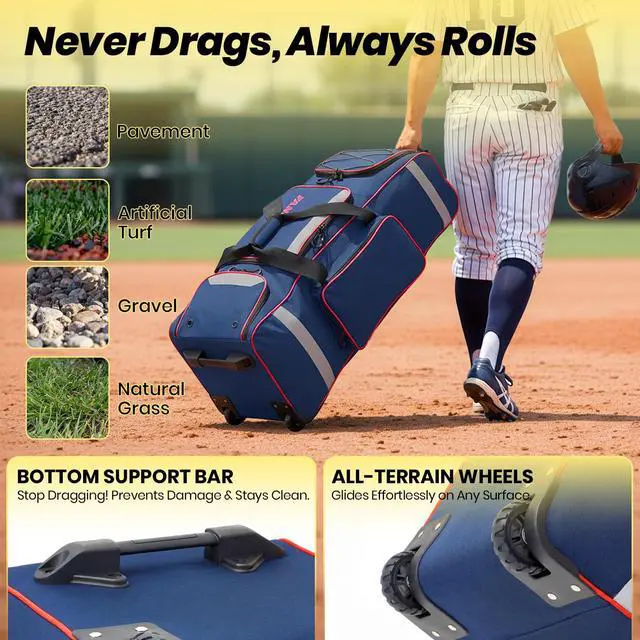 Alt view image 4 of 7 - 81L Rolling Baseball Bag with Wheels, Softball Catchers Gear Bags for 4 Bats (Fits Up To 34"), Separate Shoe Compartment, Safety Reflective Strip, Fence Hook, Foldable T-Bag for Youth & Adult