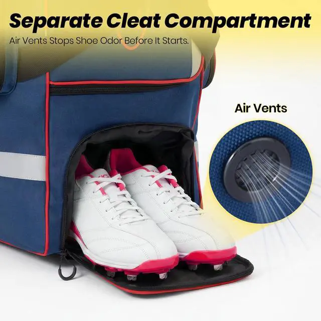 Alt view image 5 of 7 - 81L Rolling Baseball Bag with Wheels, Softball Catchers Gear Bags for 4 Bats (Fits Up To 34"), Separate Shoe Compartment, Safety Reflective Strip, Fence Hook, Foldable T-Bag for Youth & Adult