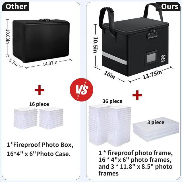 Alt view image 3 of 7 - Fireproof Photo Storage Box with Lock, with 39 Cases for 4x6 & 8x12 | Waterproof Picture & File Organizer, Portable Photos Boxes Containers for Families, Photographers, Scrapbooking, Moving, Home