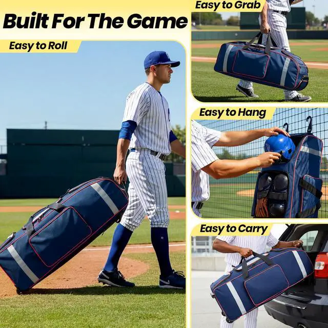 Alt view image 7 of 7 - 81L Rolling Baseball Bag with Wheels, Softball Catchers Gear Bags for 4 Bats (Fits Up To 34"), Separate Shoe Compartment, Safety Reflective Strip, Fence Hook, Foldable T-Bag for Youth & Adult